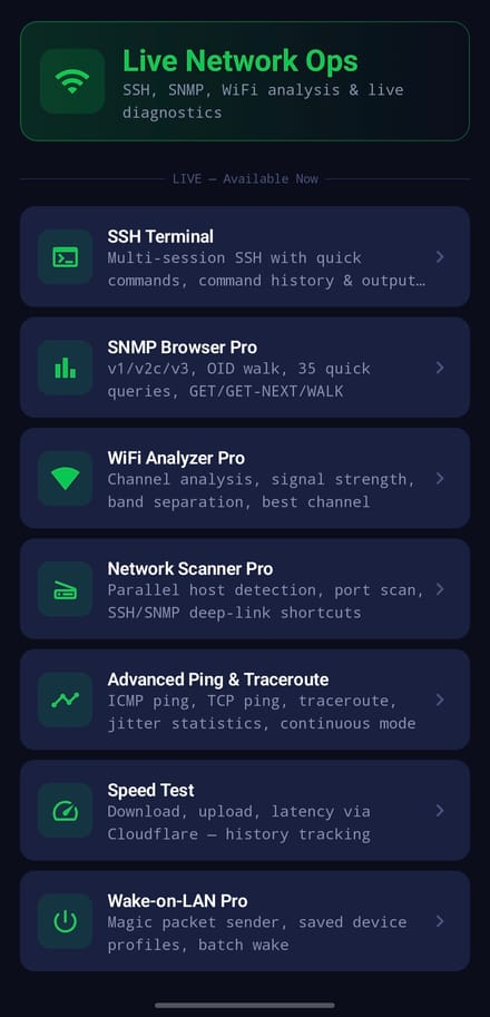 Live Network Ops engine — 7 live tools