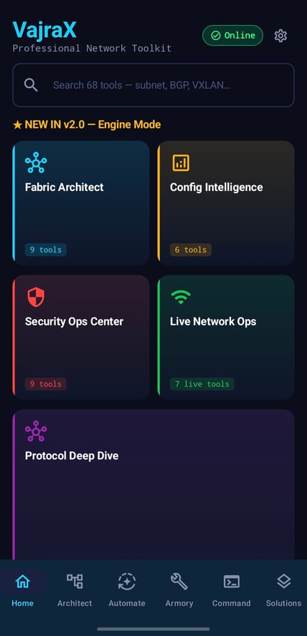 VajraX v2.0 home screen — 68 tools across 5 new engines