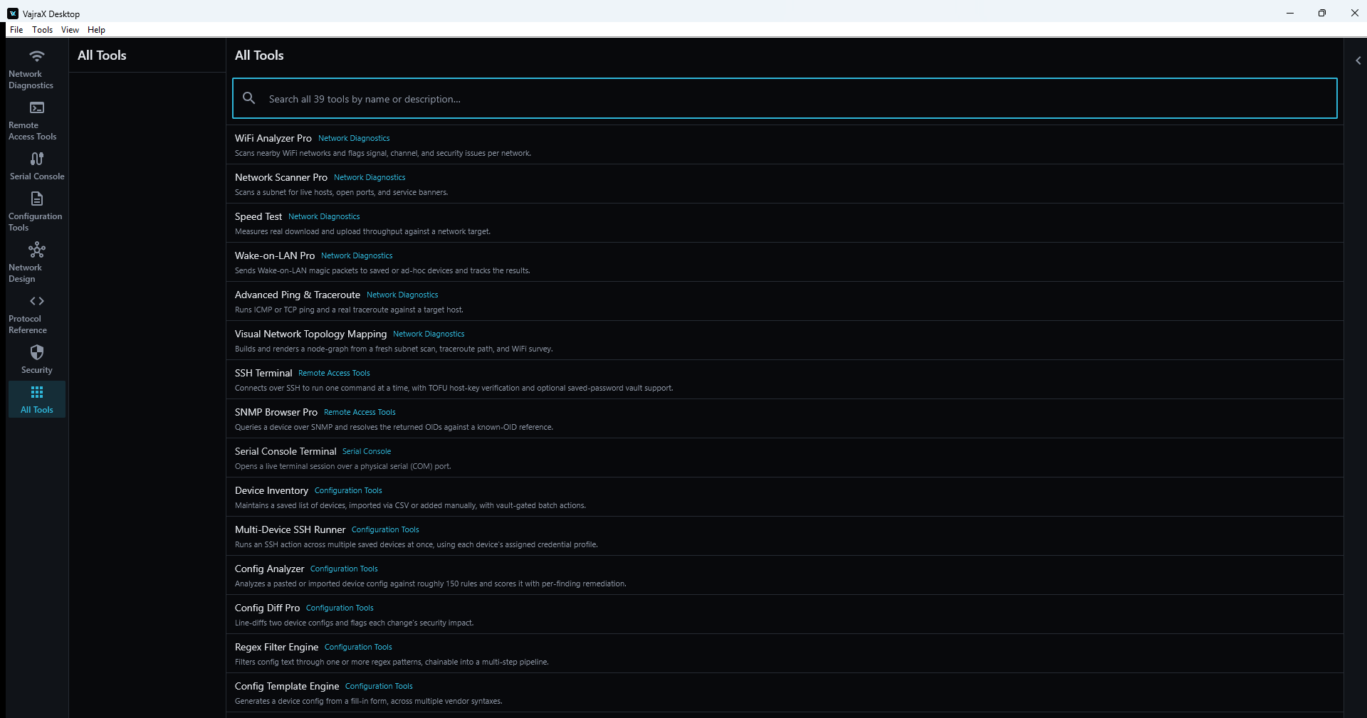 All Tools catalog — 39 tools across 7 categories